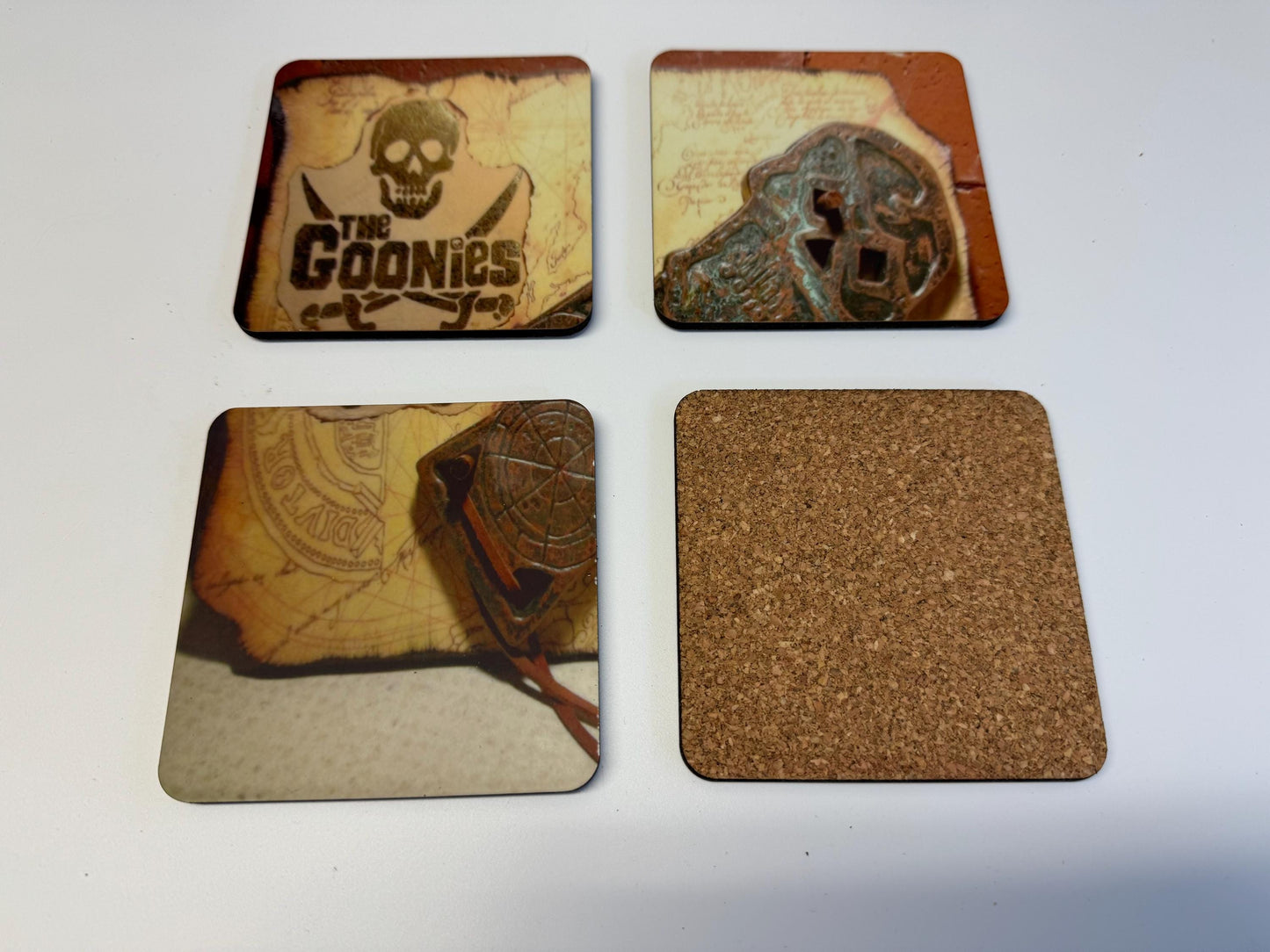 Set of 4 Goonies Coasters, Handmade Cork Drink Coasters, 80s Movie Fan Gift, Handmade Coasters, Nostalgic Coasters, 80s Nostalgia, Unique Gift Idea, Coaster Set Of 4, Cinema Lover Gift