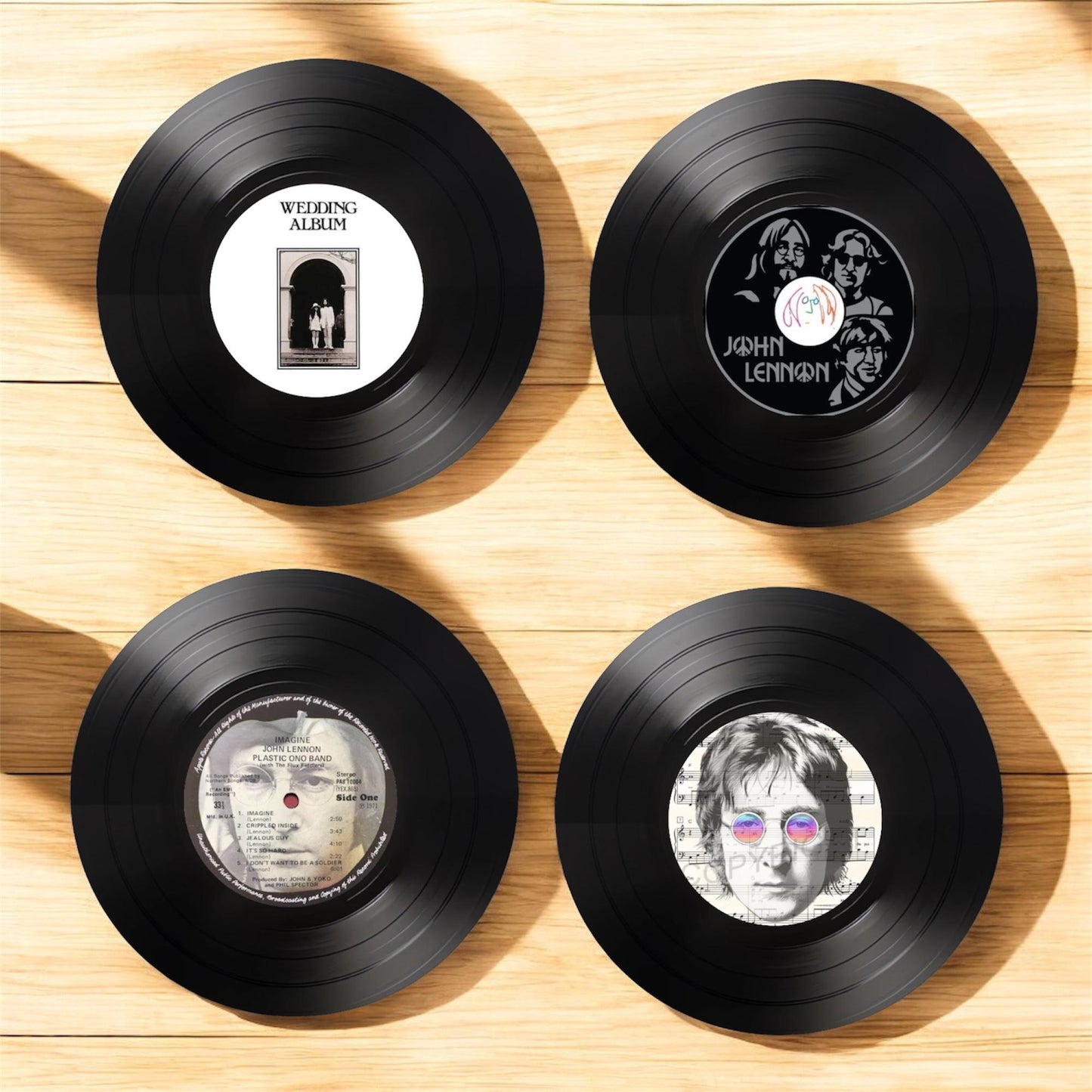 Set of 4 John Lennon Round Record Coasters Retro Decor, Man Cave Decor, Rock legend, Music Themed, Rock Music Gift, John Lennon gift,