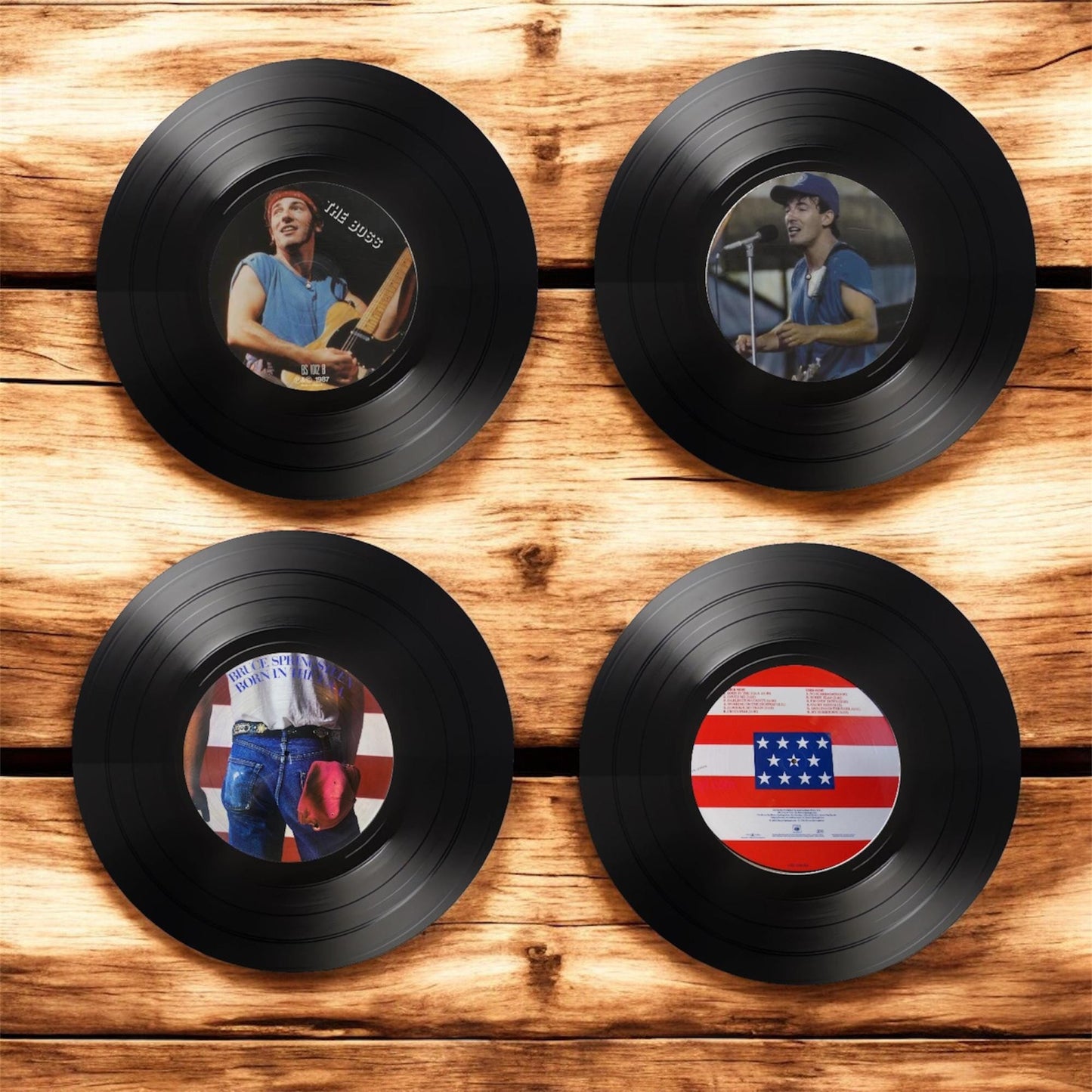 Set of 4 Bruce Springsteen Round Record Coasters Retro Decor, Man Cave Decor, Rock Band, Music Themed, Rock Music Gift, The Boss gift,