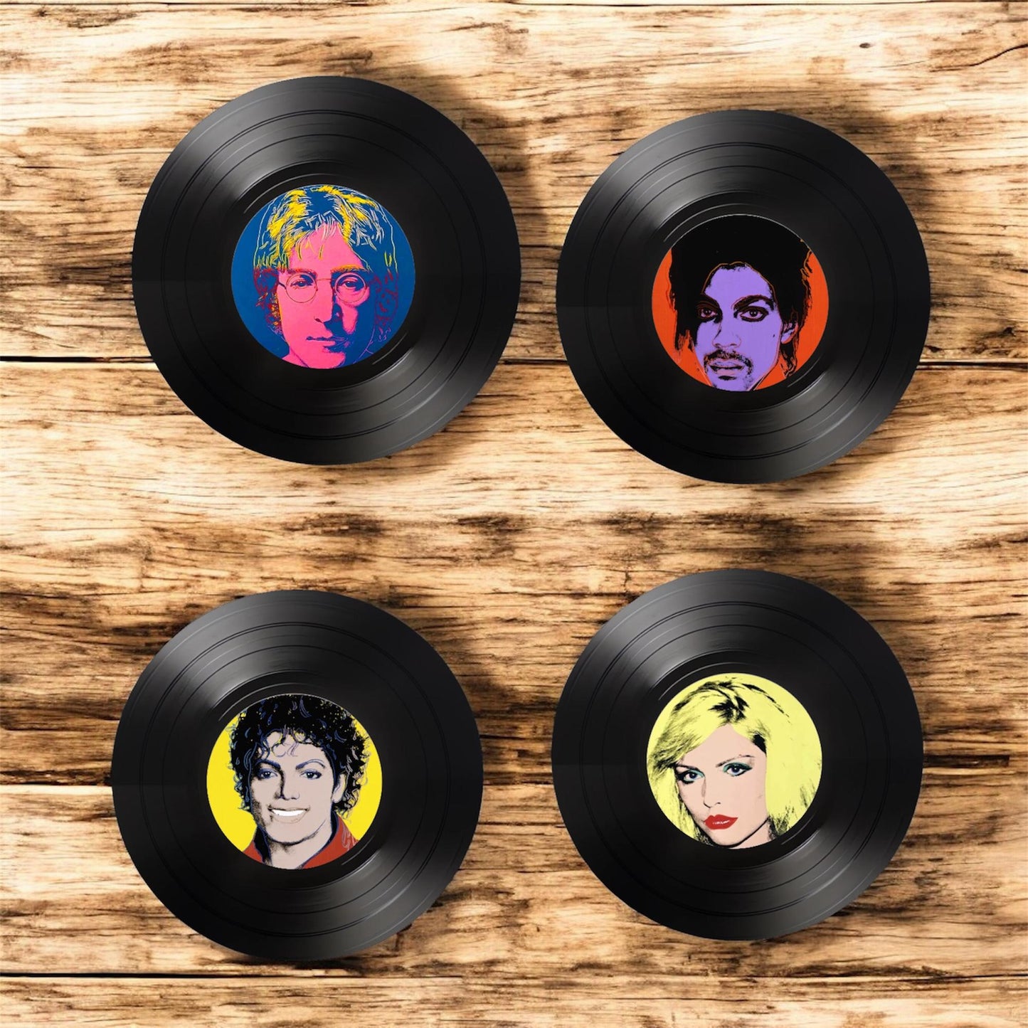 Set of 4 Andy Warhol Round Record Coasters Featuring music legends Michael Jackson, Prince,John Lennon and Blondie, Music legends gift