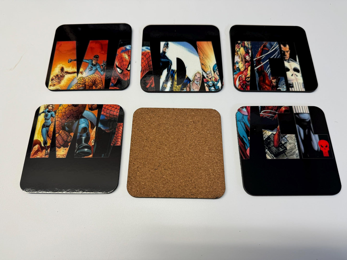 Set of 6 Marvel coasters| film memorabilia| comic book hero's | gift for marvel fans |man cave gifts |superhero's gift| gift for him |
