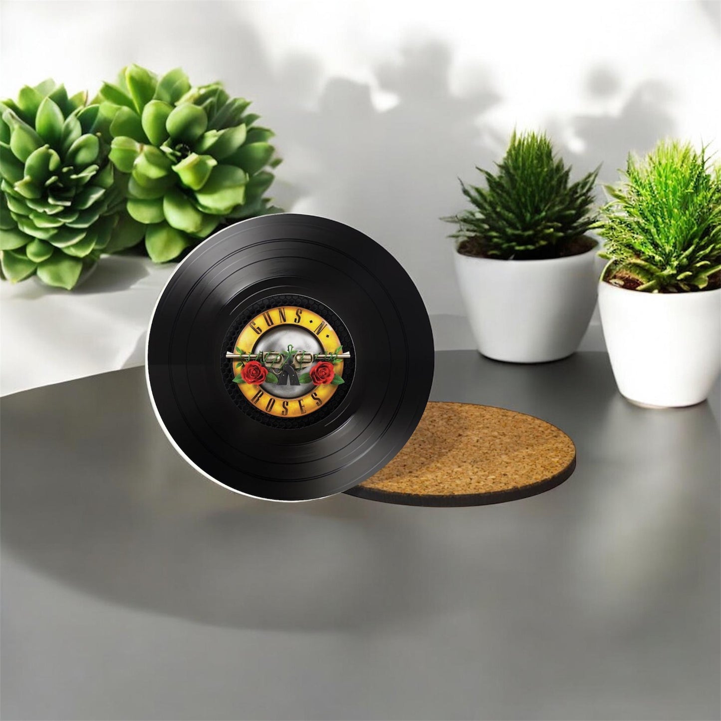 Set of 4 Guns and Roses Round Record Coasters, Handmade Vinyl Coasters, Guns And Roses, Record Coasters, Music Lovers Gift, Rock Music Decor