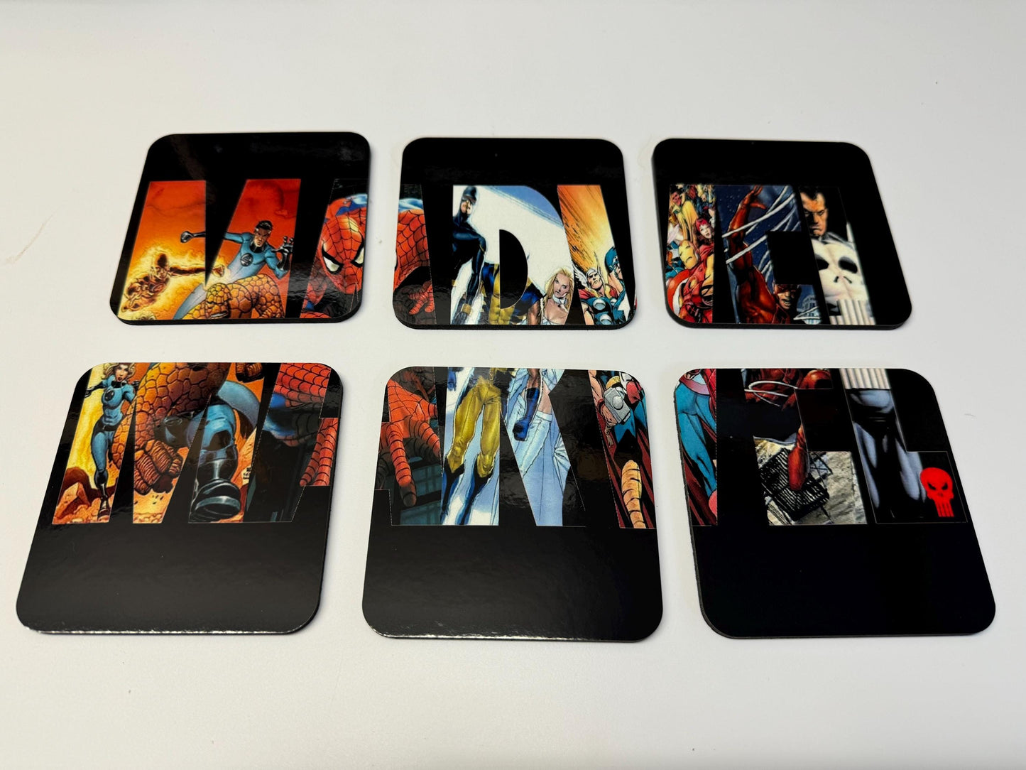 Set of 6 Marvel coasters| film memorabilia| comic book hero's | gift for marvel fans |man cave gifts |superhero's gift| gift for him |