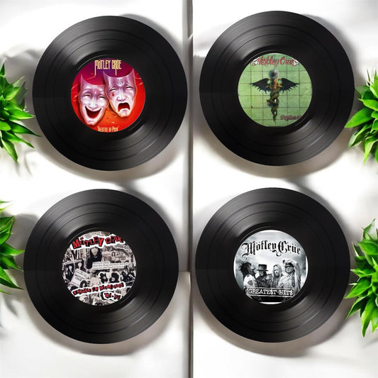 Set of 4 Motley Crue Round Record Coasters, Vintage Vinyl Music Decor, Unique Coasters, Music Memorabilia, Music Fan Gift, Record Coasters