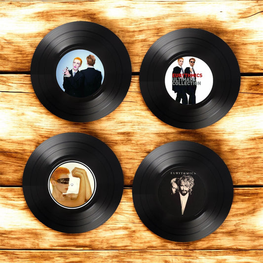 Set of 4 Eurythmics Round Record Coasters, Vintage Vinyl Music Decor, Unique Coasters, Music Memorabilia, Music Fan Gift, Record Coasters