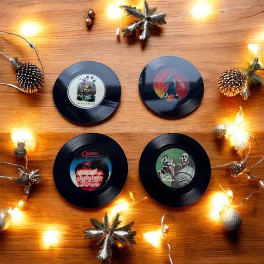 set of 4 round Queen record cover coasters| round coasters| record covers | man cave coaster| gifts for him | drink coasters