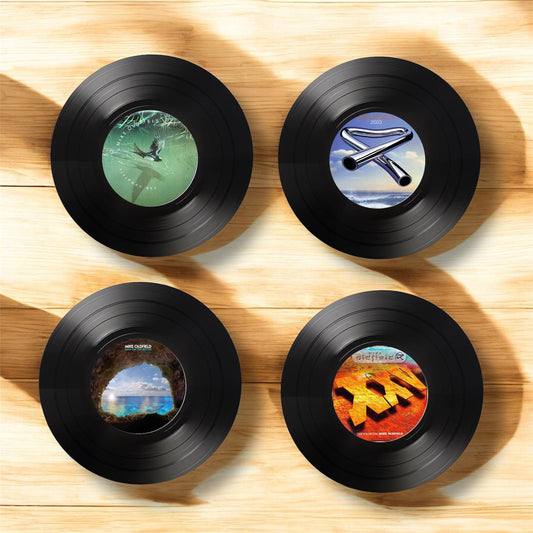 Set of 4 Mike Oldfield Round Record Coasters, Vintage Vinyl Music Decor, Unique Coasters, Music Memorabilia, Music Fan Gift, Record coasters