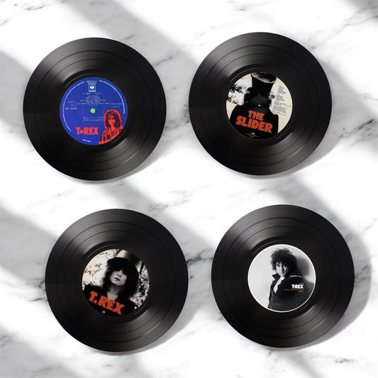 Set of 4 T-Rex Round Record Coasters Retro Decor, Man Cave Decor,  Rock Band, Music Themed, Rock Music Gift,T-Rex gift,Glam rock gift