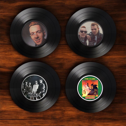 Set of 4 Round Coasters with The Clash Records, Punk Rock Drink Coasters, The Clash, Records, Gift For Her, Gift For Him, Music, Punk Rock