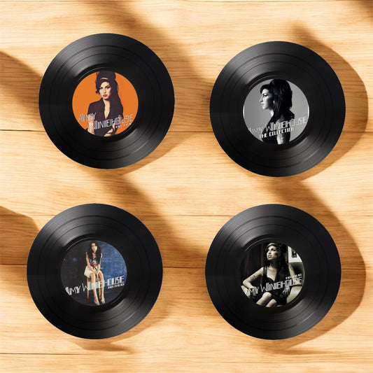 Set of 4 Amy Winehouse Round Record Coasters, Vintage Vinyl Music Decor, Unique Coasters, Music Memorabilia, Music Fan Gift, Record Coasters