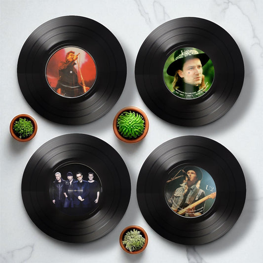 Set of 4 U2 Round Record Coasters, Vintage Vinyl Music Decor, Unique Coasters, Music Memorabilia, Music Fan Gift, Record Coasters,