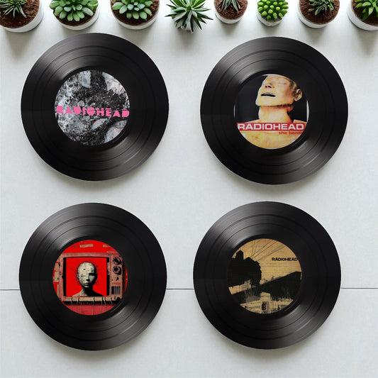 Set of 4 Radiohead Round Record Coasters, Vintage Vinyl Music Decor, Unique Coasters, Music Memorabilia, Music Fan Gift, Record Coasters