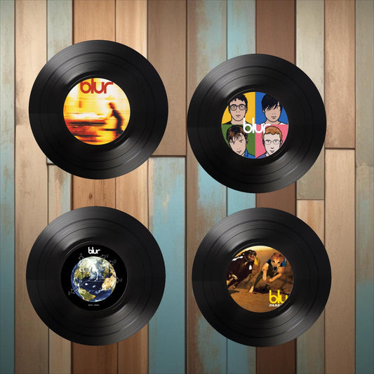 Set of 4 Blur Round Record Coasters Retro Decor, Man Cave Decor,  Rock Band, Music Themed, Rock Music Gift, Blur gift,Brit Pop Gift
