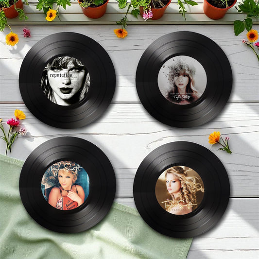 Set of 4 Taylor Swift Round Record Coasters, Vintage Vinyl Music Decor, Unique Coasters, Music Memorabilia, Music Fan Gift, Record Coasters