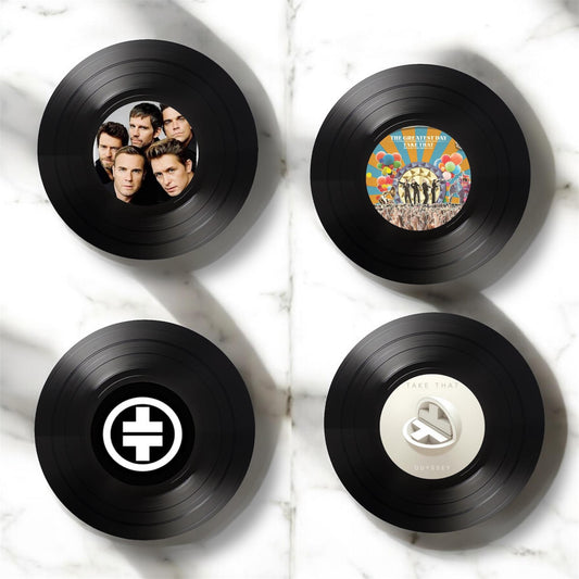 Set of 4 Take That Round Record Coasters, Vintage Vinyl Music Decor, Unique Coasters, Music Memorabilia, Music Fan Gift, Record Coasters
