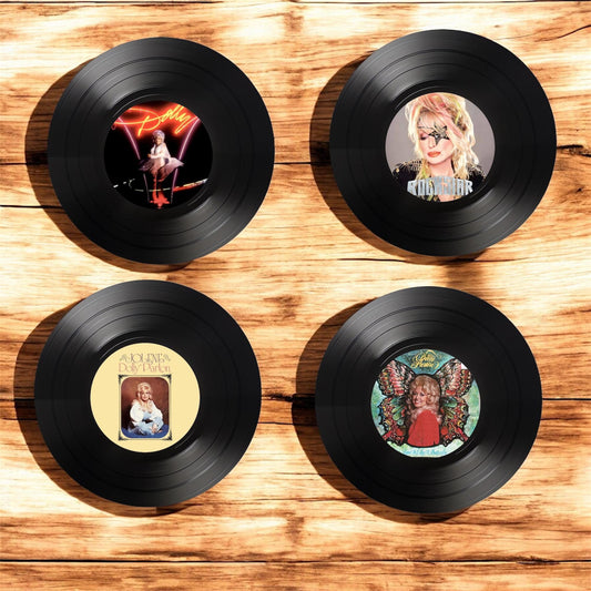 Set of 4 Dolly Parton Round Record Coasters, Vintage Vinyl Music Decor, Unique Coasters, Music Memorabilia, Music Fan Gift, Record Coasters
