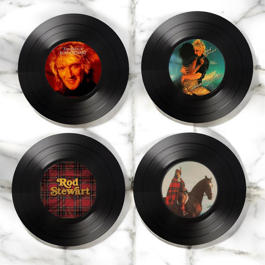 Set of 4 Rod Stewart Round Record Coasters, Vintage Vinyl Music Decor, Unique Coasters, Music Memorabilia, Music Fan Gift, Record Coasters