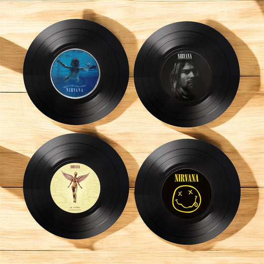 Set of 4 Nirvana Round Record Coasters, Vintage Vinyl Music Decor, Unique Coasters, Music Memorabilia, Music Fan Gift, Record Coasters