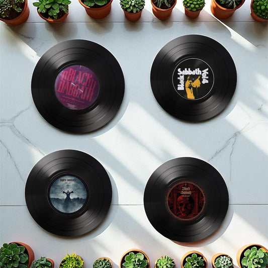 Set of 4 Black Sabbath Round Record Coasters, Vintage Vinyl Music Decor, Unique Coasters, Music Memorabilia, Music Fan Gift, Record Coasters