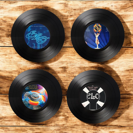 Set of 4 ELO Round Record Coasters, Vintage Vinyl Music Decor, Unique Coasters, Music Memorabilia, Music Fan Gift, Record coasters