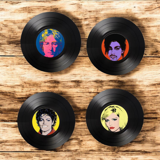 Set of 4 Andy Warhol Round Record Coasters Featuring music legends Michael Jackson, Prince,John Lennon and Blondie, Music legends gift