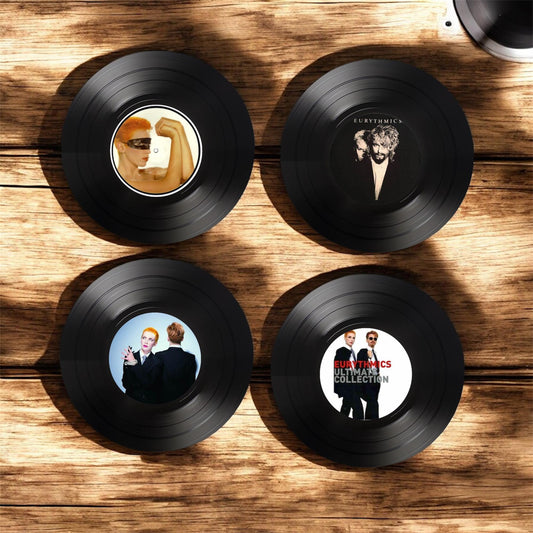 Set of 4 Eurythmics Round Record Coasters, Vintage Vinyl Music Decor, Unique Coasters, Music Memorabilia, Music Fan Gift, Record Coasters
