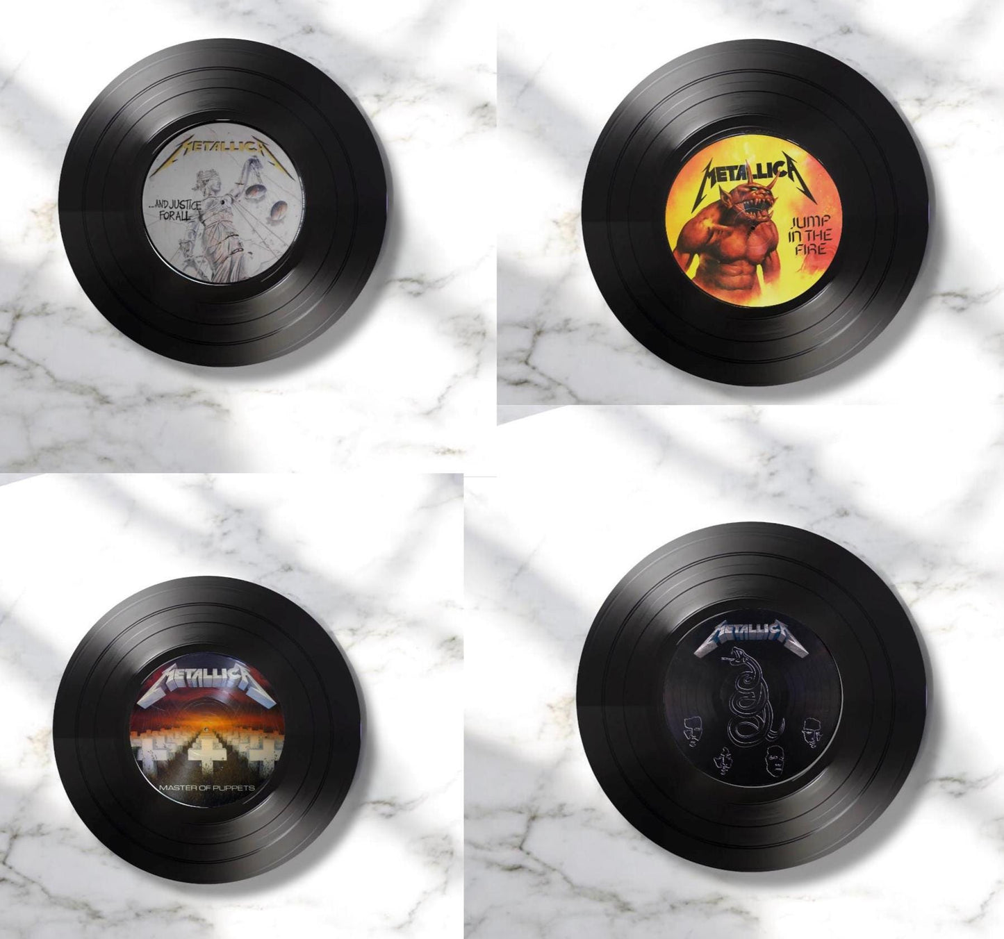 Set of 4 Round Record Coasters featuring Metalica, Retro Decor, metalica Gift, Man Cave Decor, Rock Band, Music Themed, Rock Music Gift