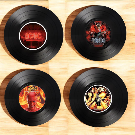 Set of 4 Round Record Coasters featuring the ACDC, Retro Decor, ACDC Gift, Man Cave Decor, ACDC, Rock Band, Music Themed, Rock Music Gift