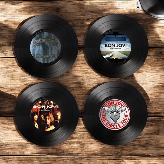 Set of 4 Bon Jovi Round Record Coasters, Vintage Vinyl Music Decor, Unique Coasters, Music Memorabilia, Music Fan Gift, Record Coasters