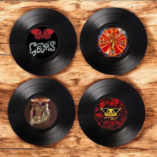 Set of 4 Aerosmith Round Record Coasters, Vintage Vinyl Music Decor, Unique Coasters, Music Memorabilia, Music Fan Gift, Record Coasters