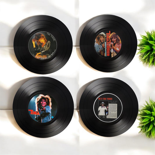 Set of 4 Round Record Coasters Featuring Tina Turner, Vintage Vinyl Drink Coasters, Music Themed, Music Lover Gift, Unique Coasters