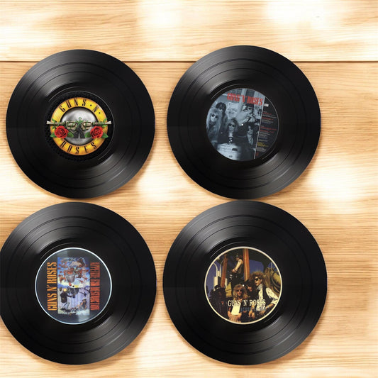 Set of 4 Guns and Roses Round Record Coasters, Handmade Vinyl Coasters, Guns And Roses, Record Coasters, Music Lovers Gift, Rock Music Decor