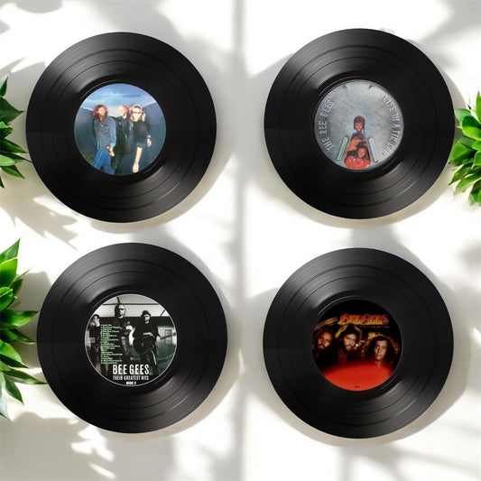 Set of 4 Bee Gees Round Record Coasters, Vintage Vinyl Music Decor, Unique Coasters, Music Memorabilia, Music Fan Gift, Record Coasters